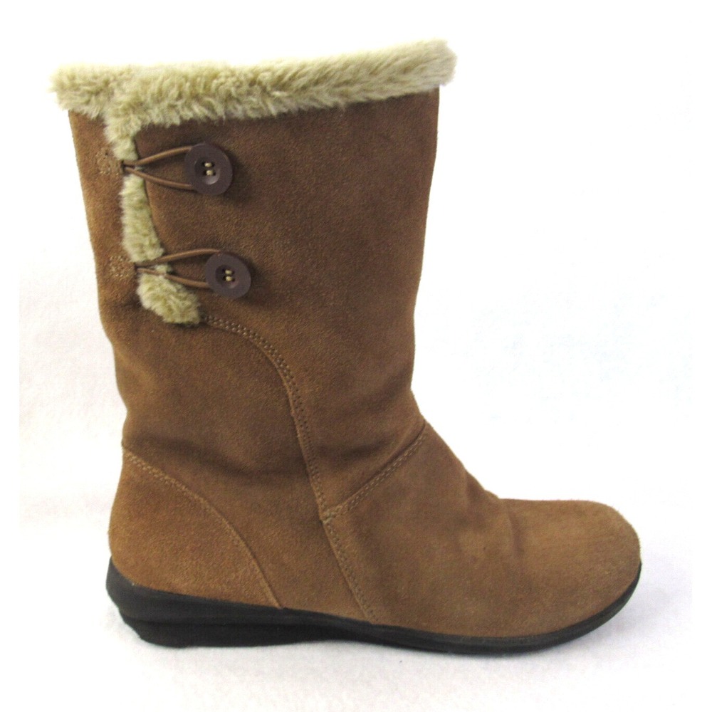Clarks Faux Shearling Fur Lined Winter Boots Tan Suede Mid-Calf SZ 10M
